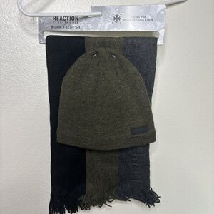 $54 Kenneth Cole Reaction Men's Green Striped Logo Scarf & Beanie Hat Set OS